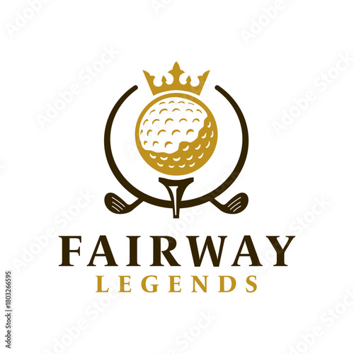 Premium golf logo featuring a crowned golf ball on a tee with crossed clubs and elegant gold accents for a classic athletic identity. Editable Vector File
