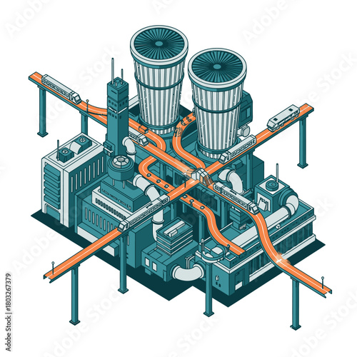 This detailed isometric illustration captures a vibrant futuristic metropolis, highlighting efficient public transportation systems and innovative architectural design elements.