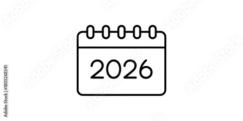 Line art icon of a minimalist calendar displaying the year 2026, symbolizing future planning, upcoming events, deadlines, and temporal organization