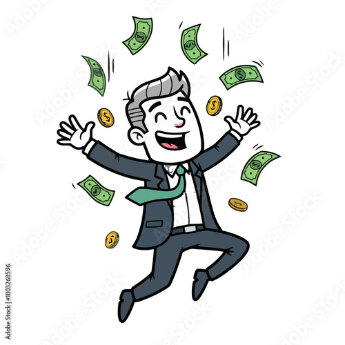 Joyful businessman jumps in the air as money and coins rain down around him