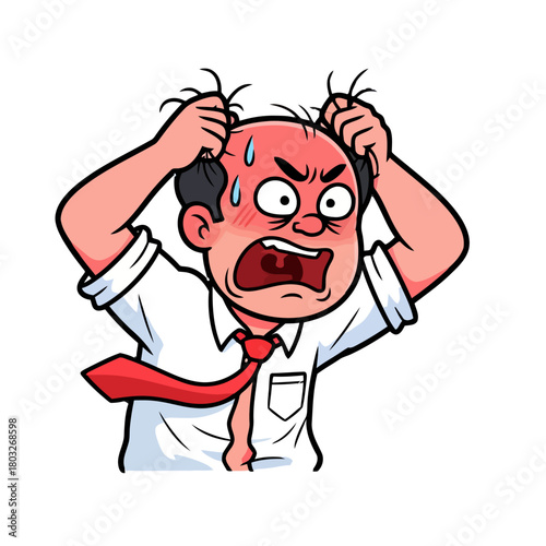 An angry businessman is pulling his hair out in frustration, sweating and yelling