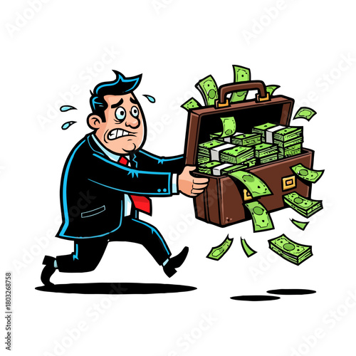 Panicked businessman running with briefcase overflowing with cash