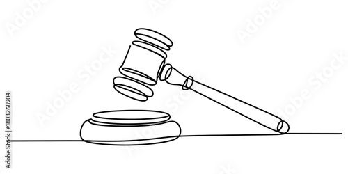 Continuous line art drawing of a judge's gavel and sound block, symbolizing justice, law, authority, and court proceedings.