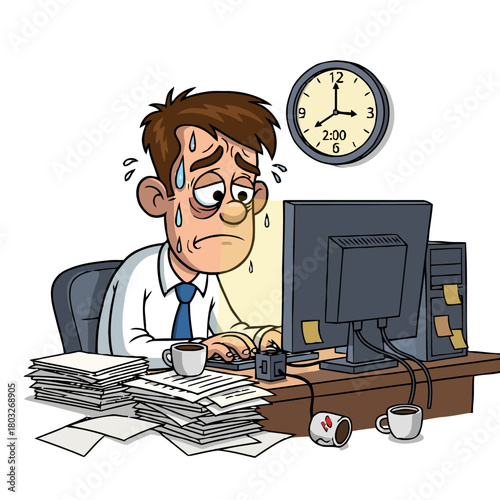 Stressed businessman working late at his desk, overwhelmed by paperwork and deadlines, with clock showing its 200 and coffee cups nearby
