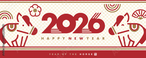 2026年午年の冬の馬のイラスト入りワイドフレーム背景・タイトルデザイン