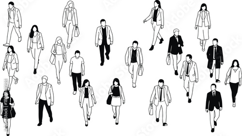 Collection of black and white line art figures of people walking in various business attire and casual clothing