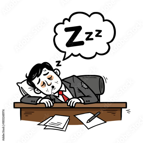 Tired businessman sleeping at his desk with zzz bubble above his head