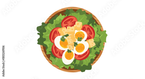 Delicious salad with eggs tomatoes and cheese in a bowl.