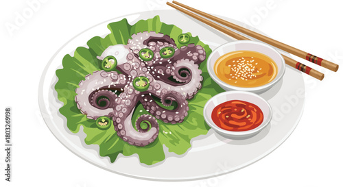 Deliciously prepared octopus dish served with dipping sauces and chopsticks.