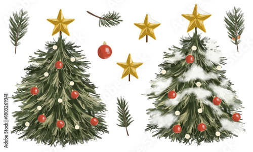 水彩で描いたクリスマスツリーと装飾パーツセット（雪あり・なしバージョンのツリー含むオーナメント他素材）