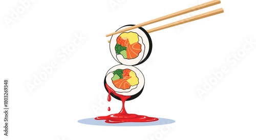 Sushi rolls being held by chopsticks with sauce dripping.
