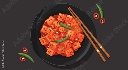 Delicious Korean Tofu Dish with Chopsticks on Black Plate.