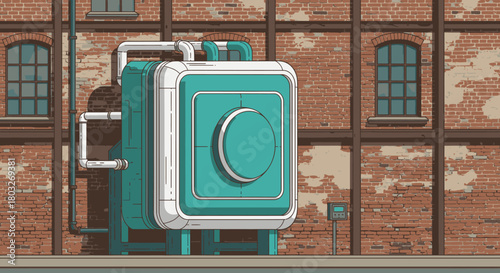 An illustration of a modern industrial processing unit with pipes against a classic brick factory wall, depicting manufacturing technology.