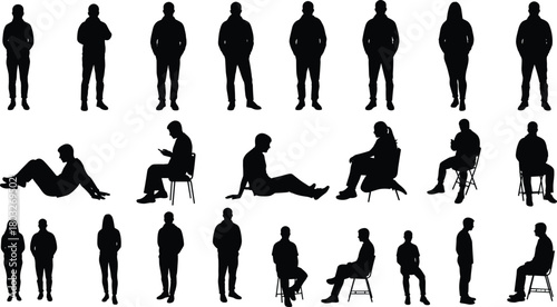 Collection of Black Human Silhouettes Standing Sitting and Reclining on White Background