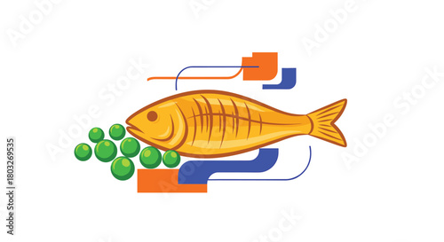 Golden fish with green peas a simple food illustration.