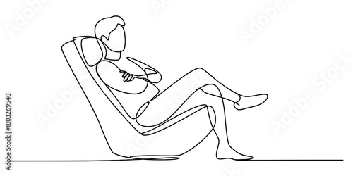 Continuous line drawing of a man relaxing comfortably in a modern lounge chair, with arms crossed and legs crossed, on a minimalist background.