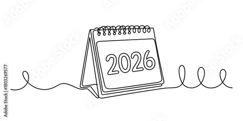 Continuous one line drawing of a 2026 desk calendar, symbolizing the new year, planning, future, and time passing on a white background.