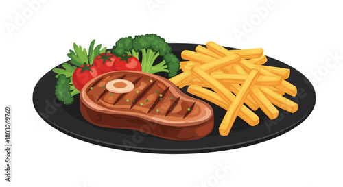 Delicious grilled steak with french fries and vegetables on a plate.