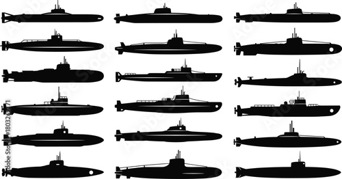 Collection of black silhouette illustrations of various submarine designs naval military