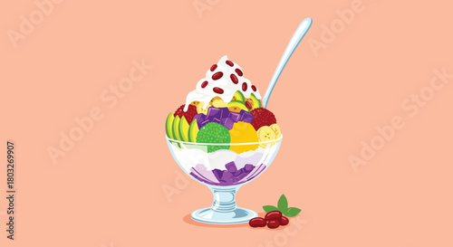 Delicious and Colorful Fruit Sundae in a Glass Cup.