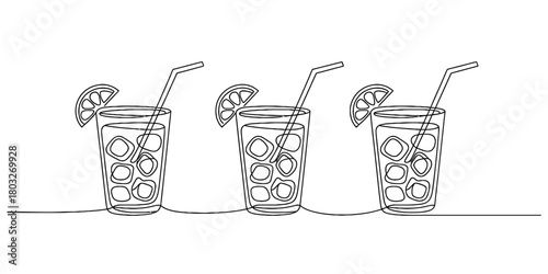 Continuous line drawing of three refreshing cold drinks with ice, lemon slices, and straws, perfect for summer menus or graphic design projects