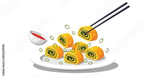 Delicious Japanese Tamagoyaki Egg Rolls with Chopsticks and Sauce.