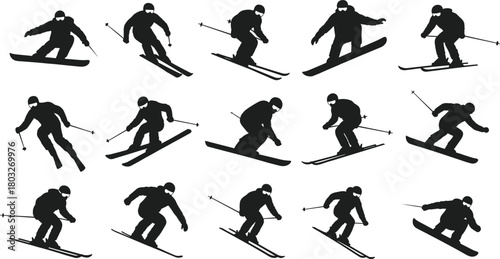 Collection of black silhouette skiers and snowboarders in various dynamic poses on white background