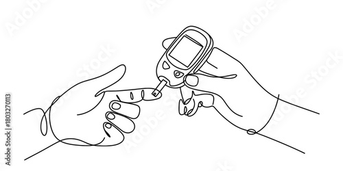 Continuous line art illustration of hands performing a blood glucose test with a glucometer, symbolizing diabetes management and health monitoring