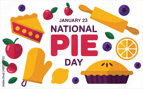 National Pie Day Banner with Desserts Rolling Pin and Fruits