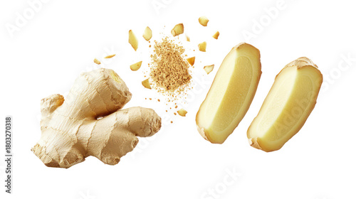 Fresh ginger root and pieces isolated on transparent background