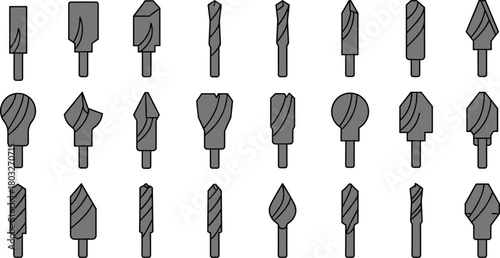 Collection of gray drill bits and cutting tools with black outlines on white background