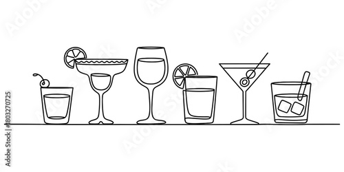 Continuous line drawing of various cocktail glasses and drinks with garnishes, ideal for beverage menus, party invitations, and liquor store promotions.