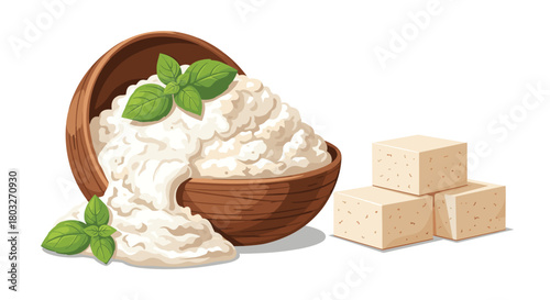 Fresh Cottage Cheese and Tofu Cubes with Basil Leaves.