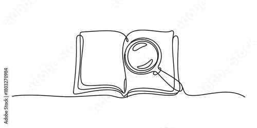Continuous single line art illustration of an open book and magnifying glass, symbolizing knowledge pursuit, research, education, and learning.