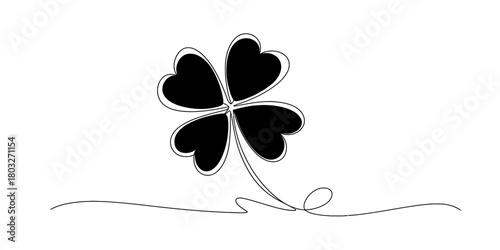 Four leaf clover continuous line drawing illustration. minimalist single black shamrock graphic on white background symbolizing good luck and fortune.