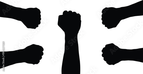 Five Black Fists Raised In Silhouette Against White Background hand power