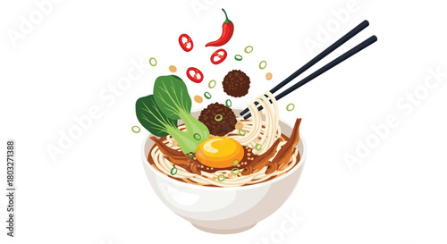 Delicious Asian Noodles Bowl with Fresh Ingredients and Chopsticks.