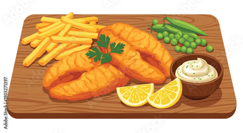 Delicious Fish and Chips Meal with Lemon and Peas.
