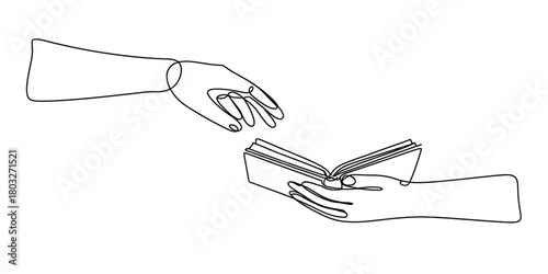 Continuous line drawing of hands holding and reaching for an open book, symbolizing shared knowledge, education, and literacy concept.
