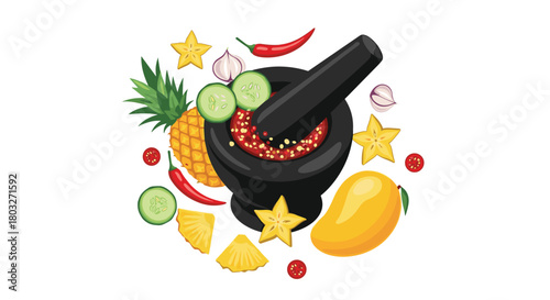 Thai food ingredients in a mortar ready to be prepared.