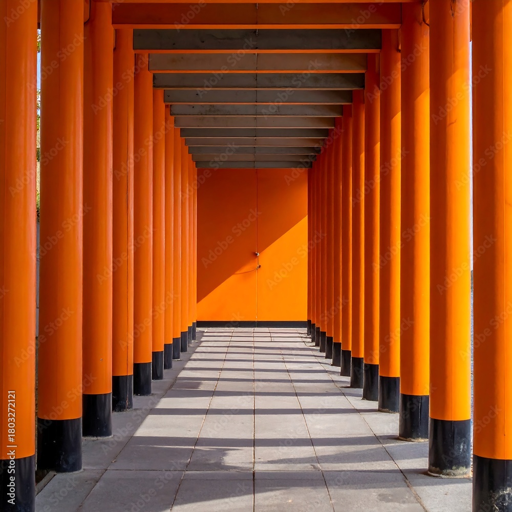 Fototapeta premium A linear perspective view through a covered walkway, painted in vivid orange. Shadows dance across the concrete floor