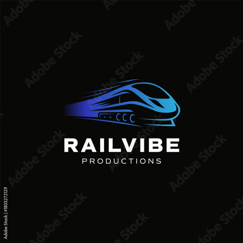 Dynamic high speed train logo with blue gradient line art on dark background. Modern motion concept for technology or production branding. Editable Vector File
