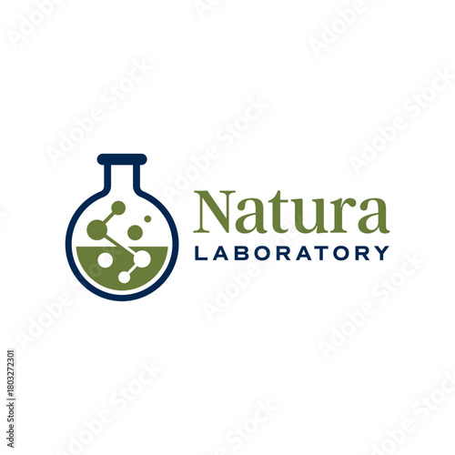 Modern laboratory flask logo featuring green liquid and connected molecule elements, symbolizing science, nature, and innovation for research or eco-tech branding. Editable Vector File
