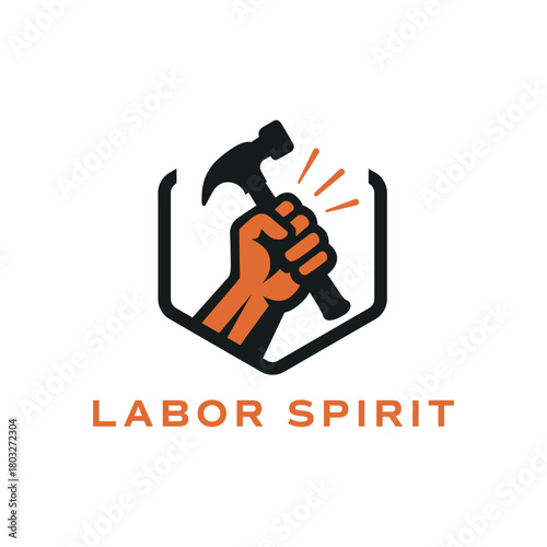 Bold worker hand holding a hammer inside a shield shape, symbolizing strength, craftsmanship, and hard work. Ideal for construction, labor, or workshop branding. Editable Vector File
