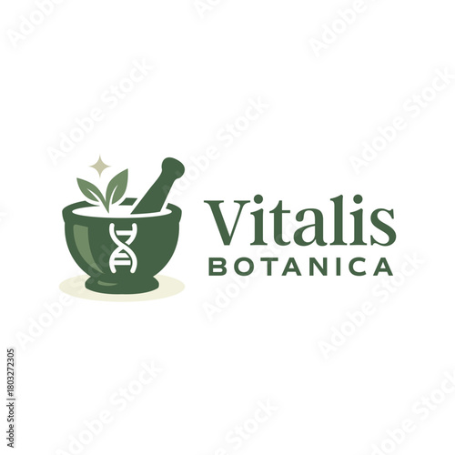 Herbal mortar and pestle logo featuring green leaves, a DNA symbol, and clean modern styling to represent natural science, wellness, and botanical research. Editable Vector File
