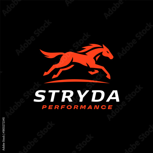 Powerful running horse logo in bold orange silhouette, symbolizing speed, strength, and high performance with clean modern styling for sports or fitness branding. Editable Vector File
