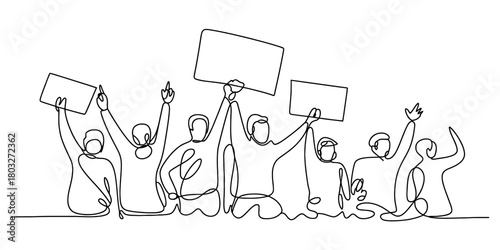 Continuous line art drawing of a protesting crowd holding up blank signs, symbolizing unity, activism, and public demonstration on white.