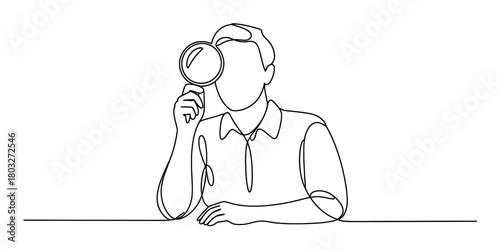 Continuous line drawing of a person with a magnifying glass, symbolizing research, investigation, discovery, and detailed examination.