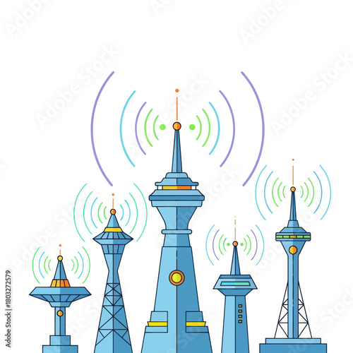 A collection of stylized blue telecommunication towers broadcasting colorful wireless signals in a line art illustration.