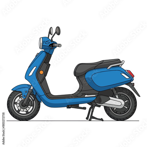 A modern blue electric scooter illustration shown in a side profile view on a kickstand.